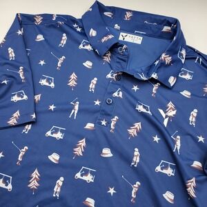 Yatta Golf Men Blue Novelty Print Performance Polo Shirt Large Golf Carts Flaw